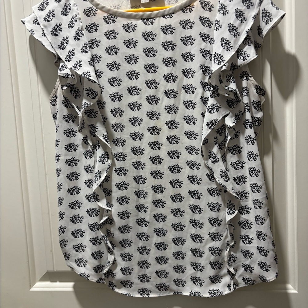 LOFT White Blouse with Black Floral Print and Ruffle Sleeves
